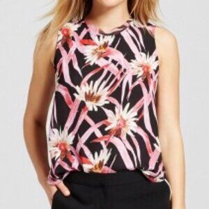 WHO WHAT WEAR Black Purple Red White Floral Sleeveless Sheer Tank Blouse Top XS